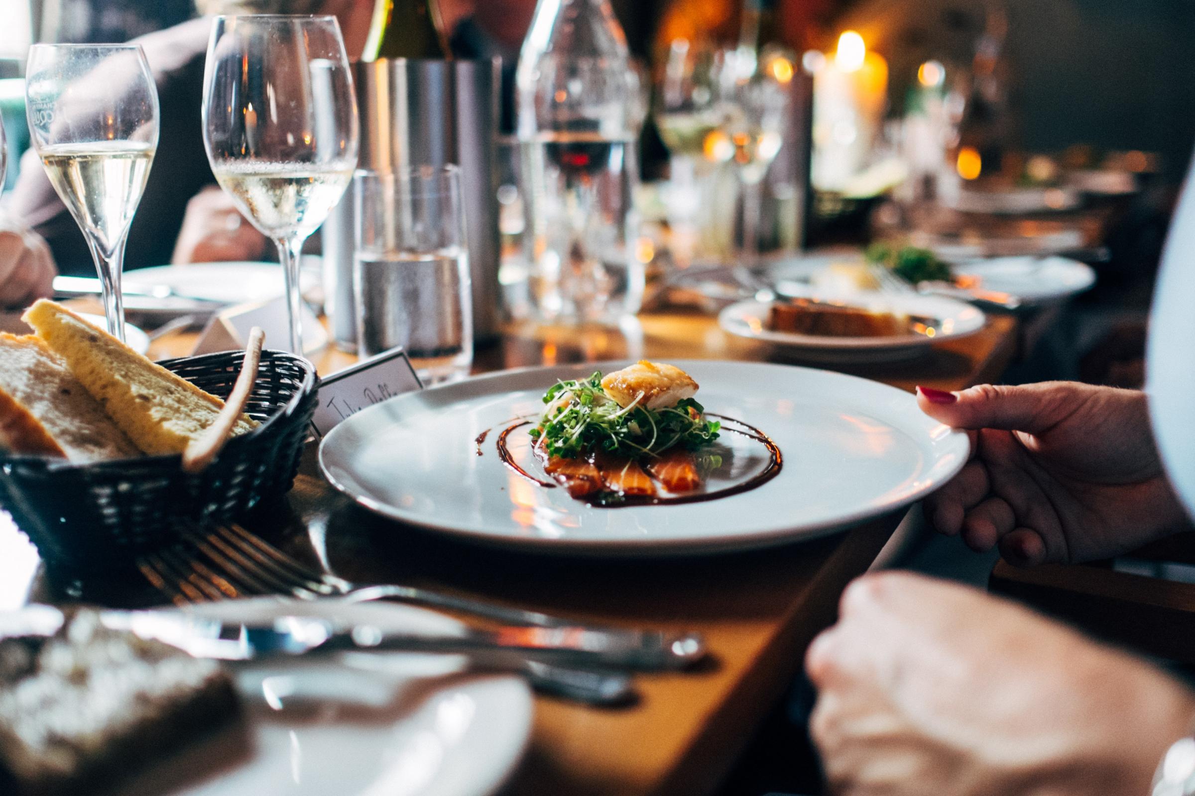 Dinner plate with food at at restaurant